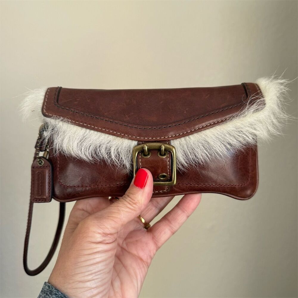 Vintage Coach Galaxy wristlet in chestnut brown leather shearling trim